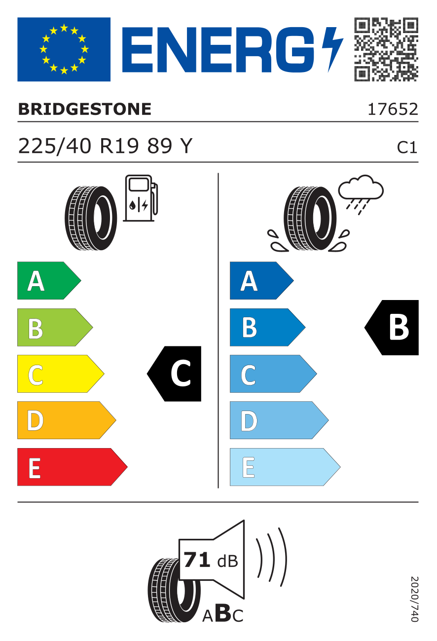 Etichetta energetica UE dello pneumatico BRIDGESTONE - 225 40 19 S001 RFT 89Y