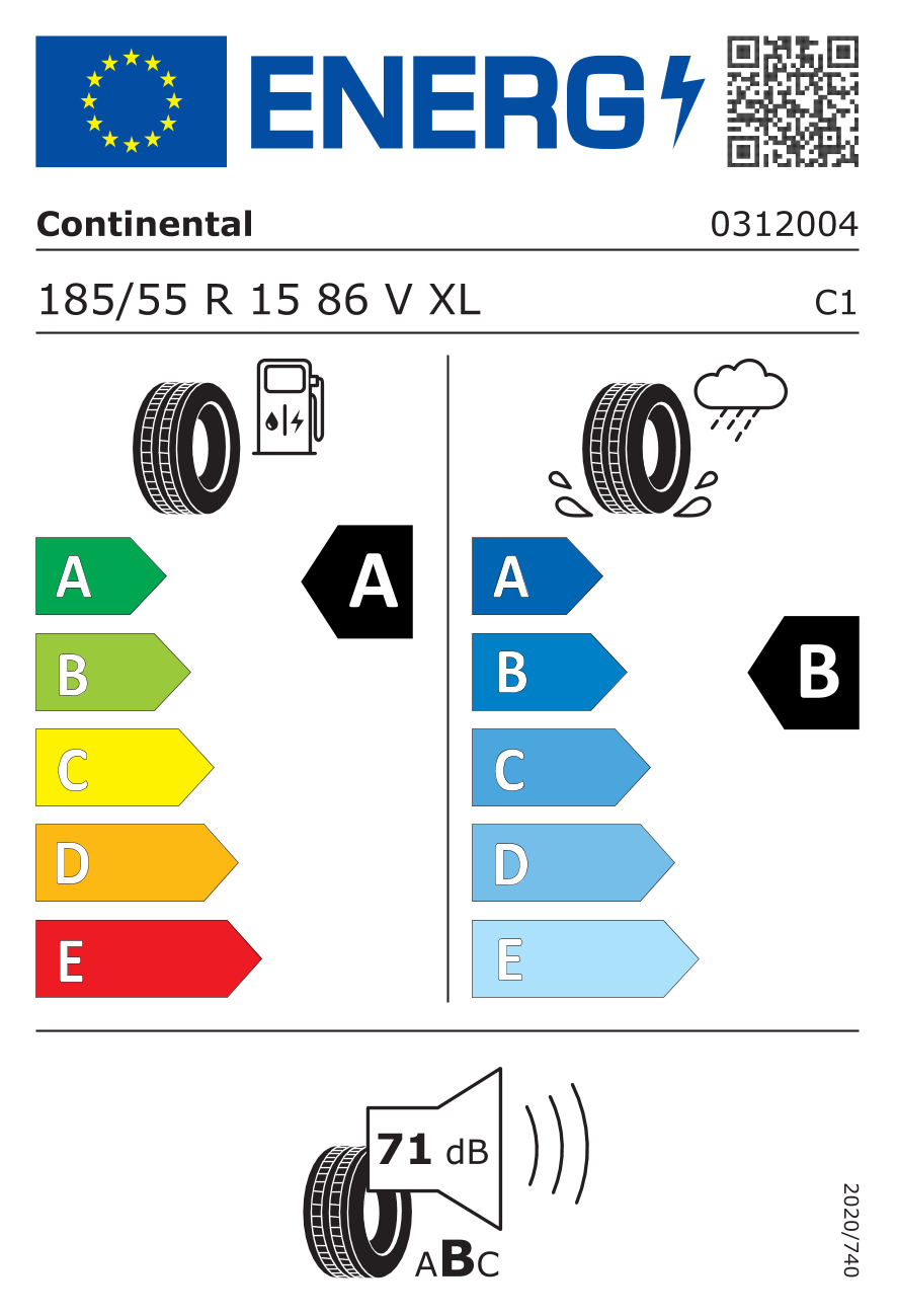 Etichetta energetica UE dello pneumatico CONTINENTAL - 185 55 15 ECOCONTACT 6 86V XL
