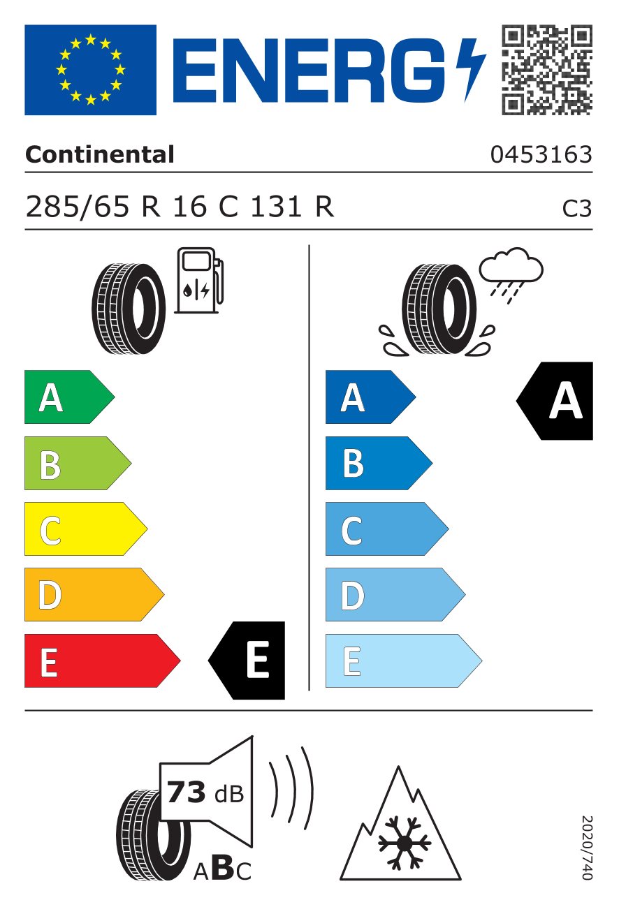 Etichetta energetica UE dello pneumatico CONTINENTAL - 285 65 16 VANCONTACT WINTER 10PR 131R