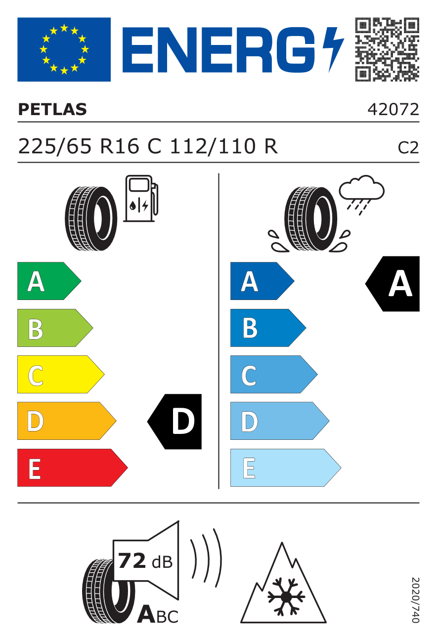 Etichetta energetica UE dello pneumatico PETLAS - 225 65 16 FULLGRIP PT935 TL 112/110R PR8*