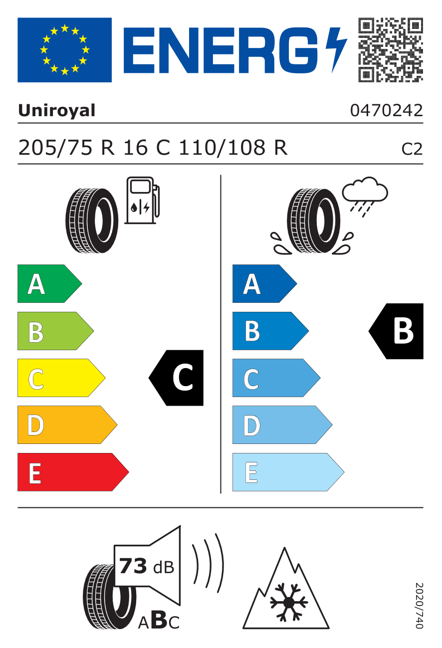 Etichetta energetica UE dello pneumatico UNIROYAL - 205 75 16C SNOW MAX 3 110/108R 8PR
