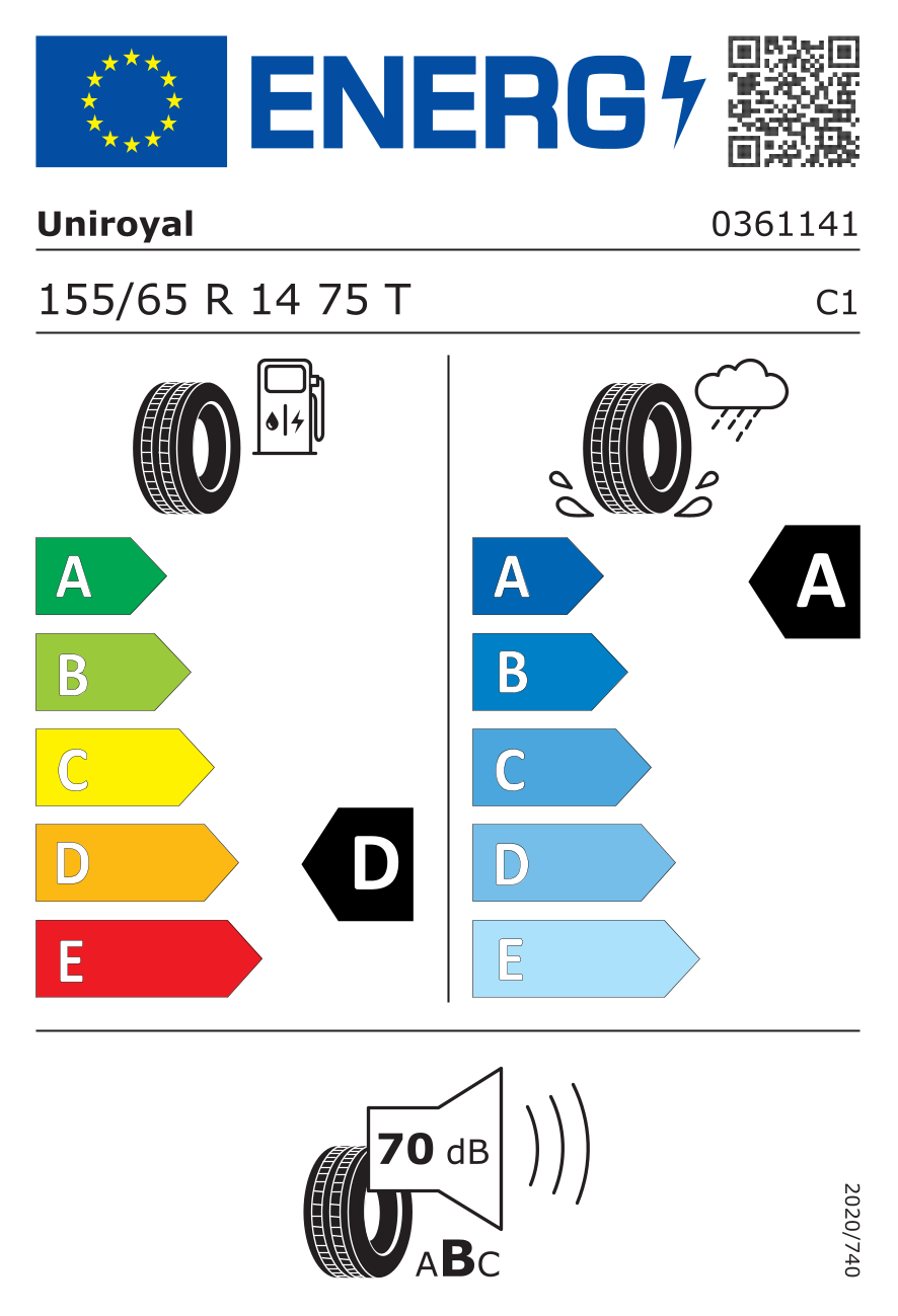 Etichetta energetica UE dello pneumatico UNIROYAL - 155 65 14 RAINEXPERT 5 75T