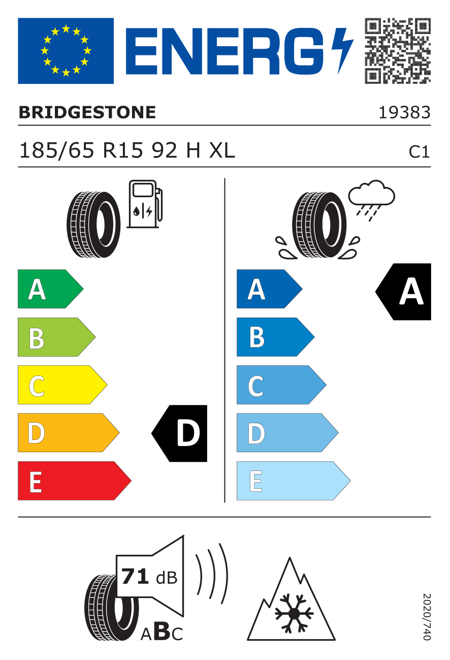 Etichetta energetica UE dello pneumatico BRIDGESTONE - 185 65 15 WEATHER A005EVO RFT 92H XL EMT