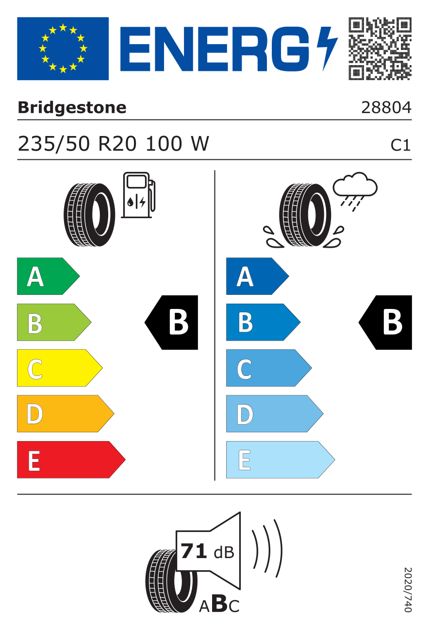 Etichetta energetica UE dello pneumatico BRIDGESTONE - 235 50 20 ALENZA 001 MA 100W
