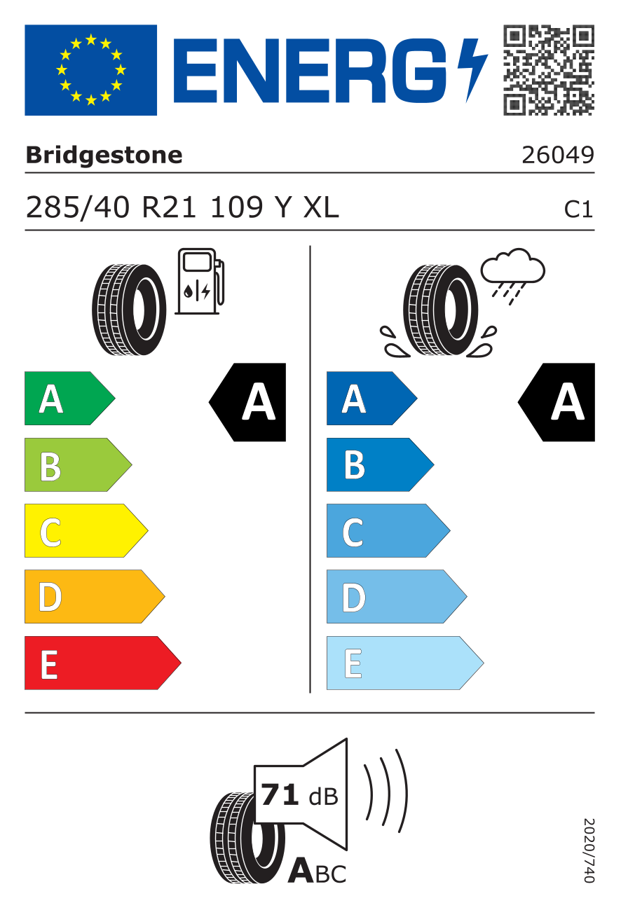 Etichetta energetica UE dello pneumatico BRIDGESTONE - 285 40 21 TURANZA 6 XL 109Y