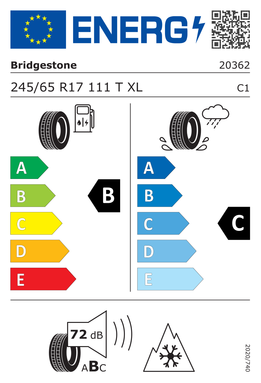 Etichetta energetica UE dello pneumatico BRIDGESTONE - 245 65 17 DUELER A/T002 (3P M+S) XL 111T