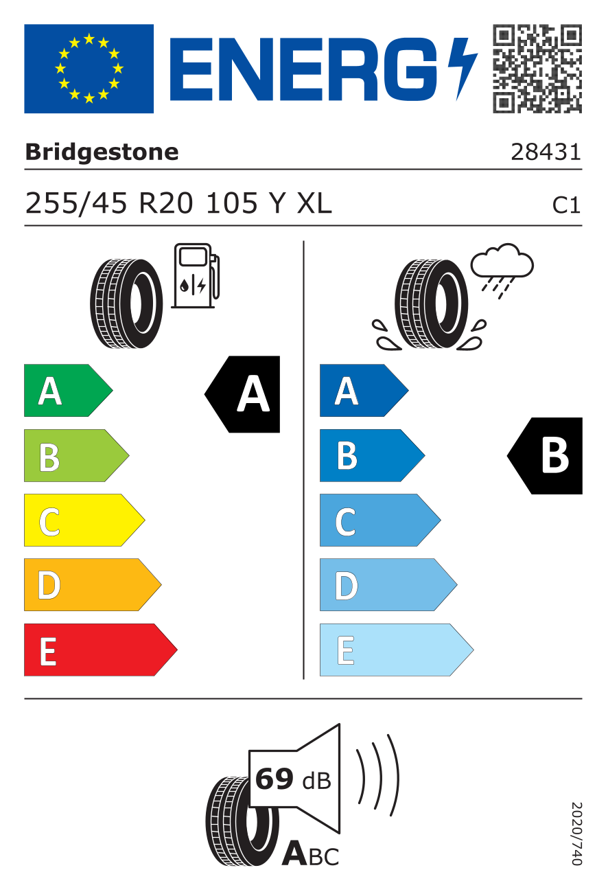 Etichetta energetica UE dello pneumatico BRIDGESTONE - 255 45 20 TURANZA 6 XL 105Y*