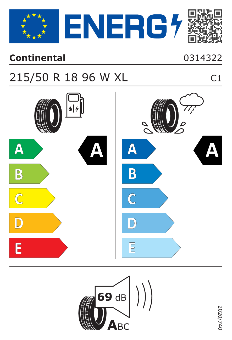 Etichetta energetica UE dello pneumatico CONTINENTAL - 215 50 18 ULTRACONTACT NXT CRM FR 96W XL