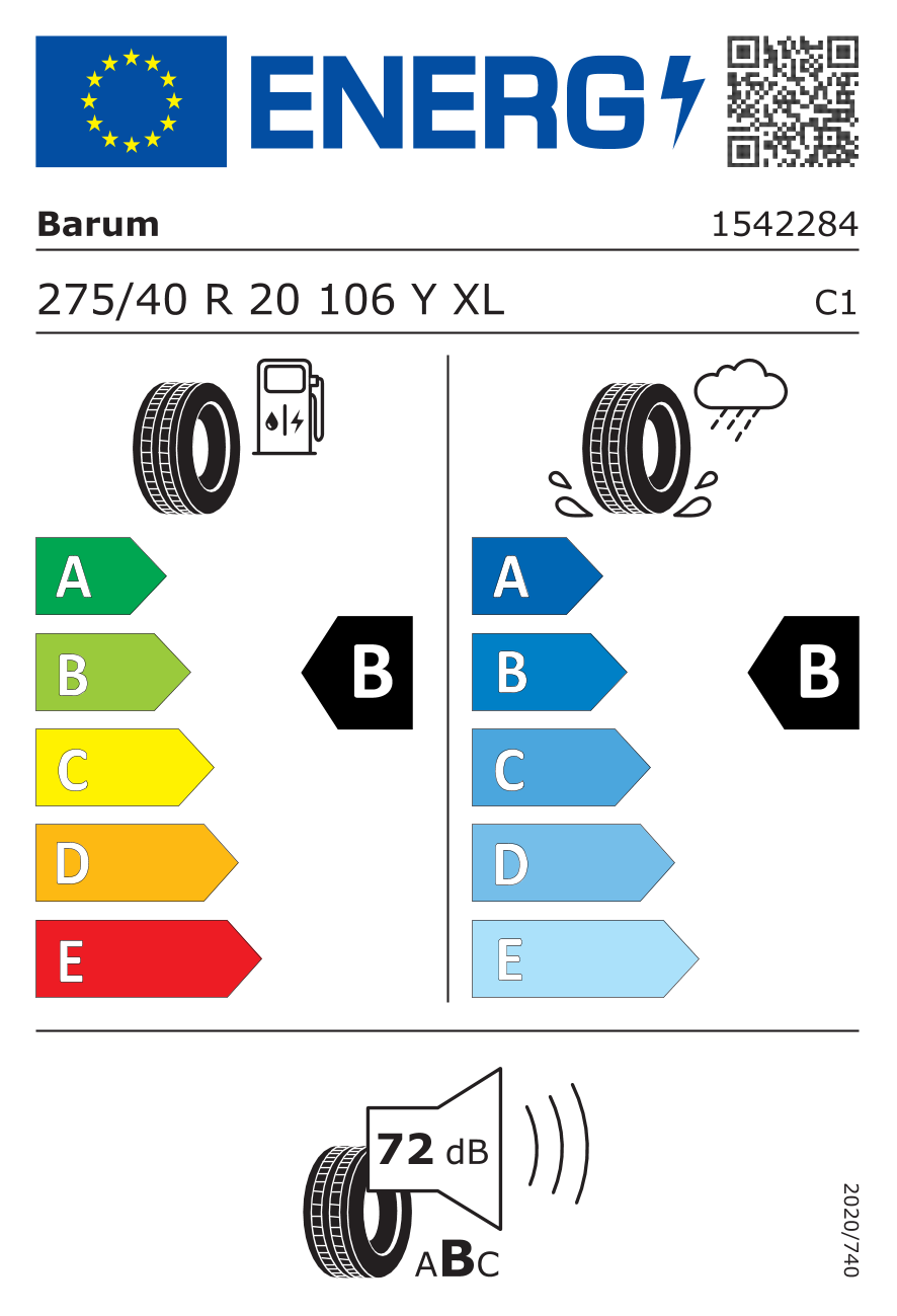 Etichetta energetica UE dello pneumatico BARUM - 275 40 20 BRAVURIS 6 FR 106Y XL*