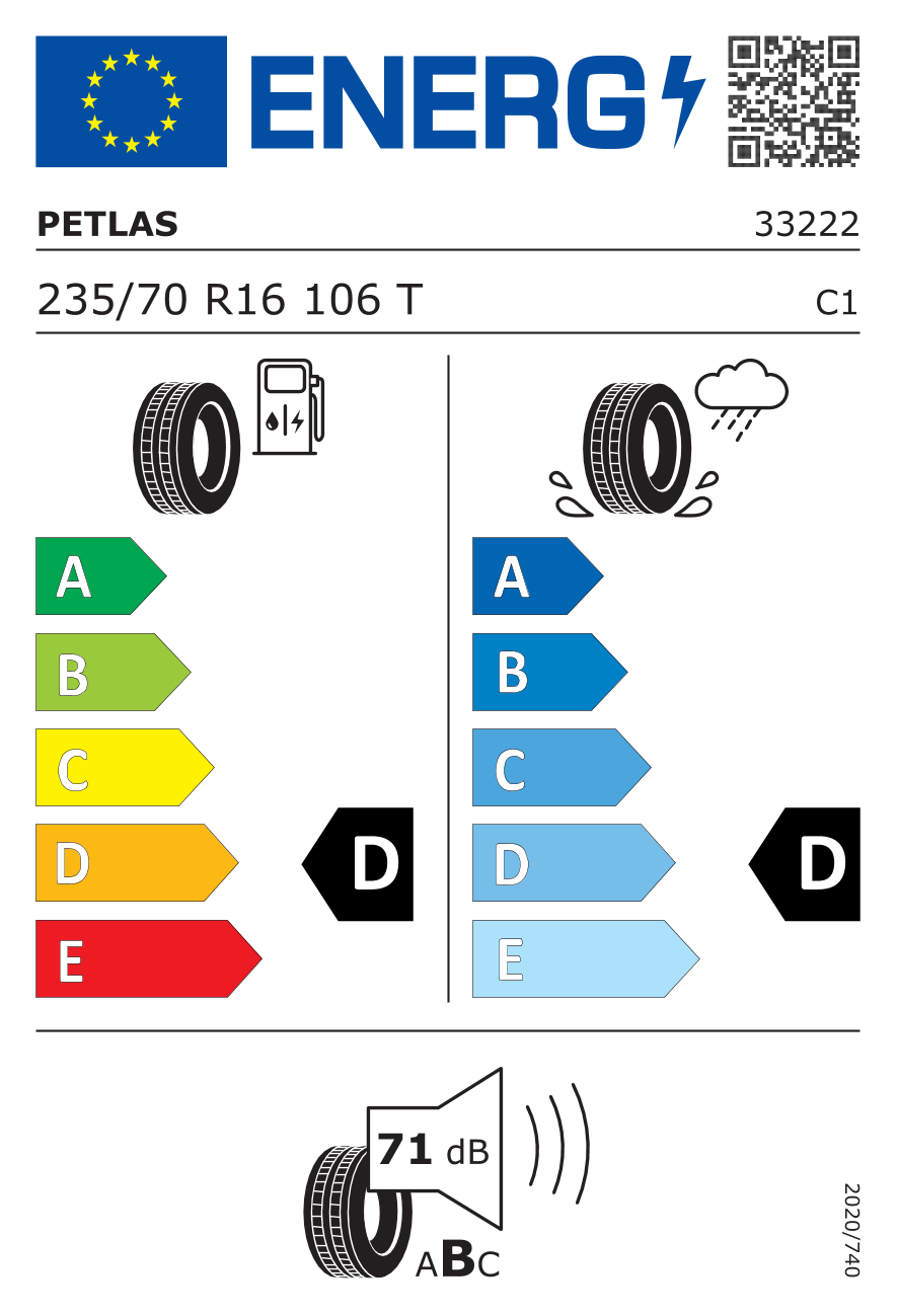 Etichetta energetica UE dello pneumatico PETLAS - 235 70 16 EXPLERO A/T PT421 106T*
